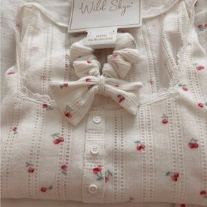 Wild Skye White and Pink Cherry Pajama set with Scrunchie